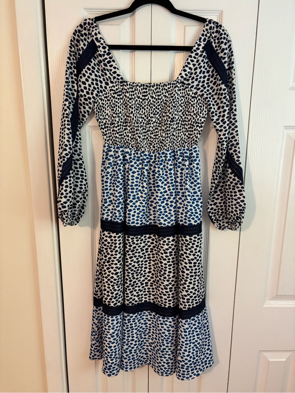 foxiedox Blue and White Printed Smocked Midi Dress with Lace Trim